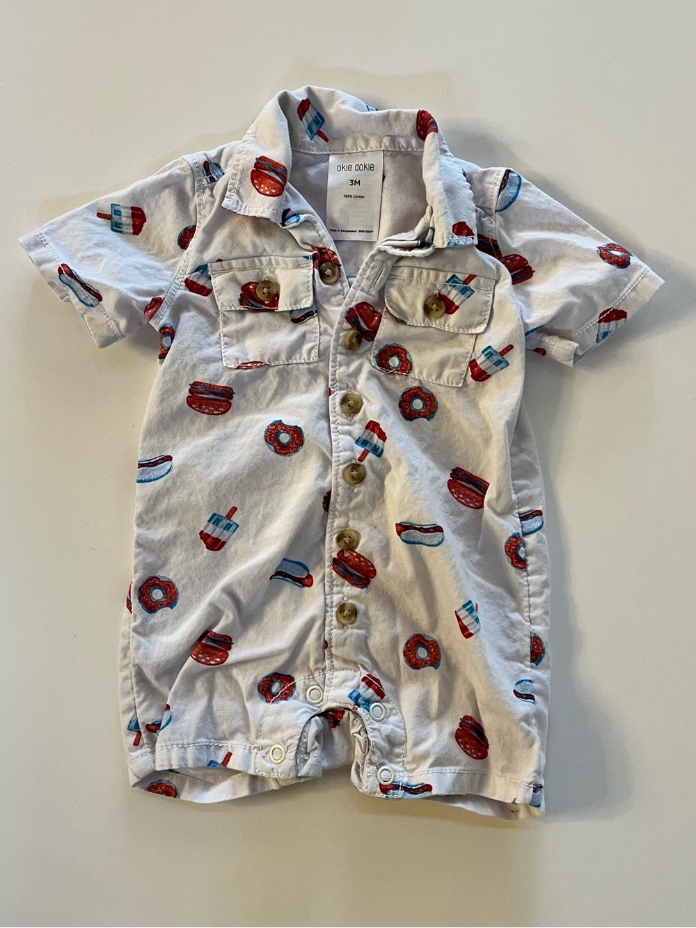 Baby Okie Dokie White Short-Sleeve Romper Red White Blue Snacks Patriotic Donuts